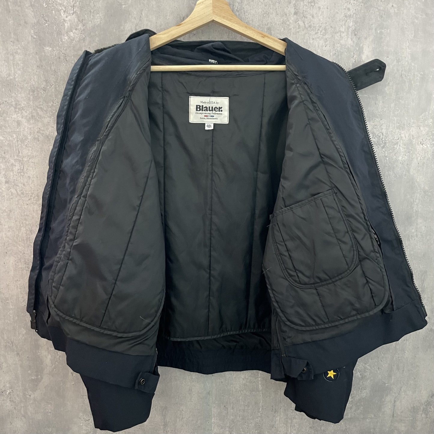 90s vintage 古着 ビンテージ USA製 ブラウアー Blauer ポリスマンジャケット ナイロンジャケット 襟ボア ブラック