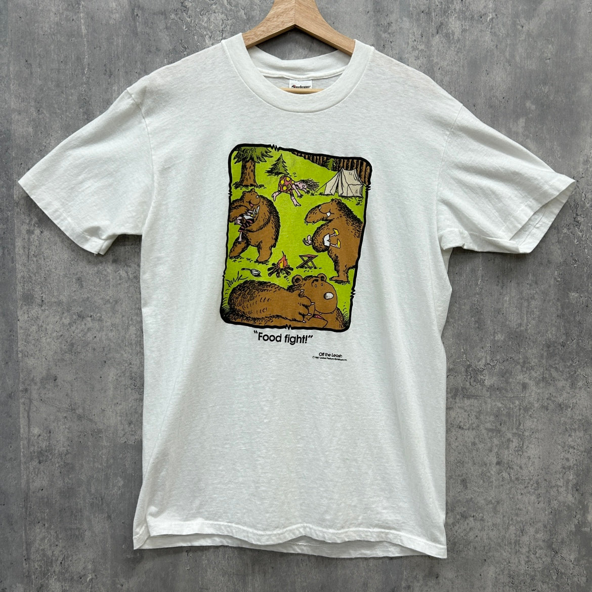 80s USA製 Stedman "Food fight!" ステッドマン フードファイト! Off the Leash 半袖 Tシャツ イラスト 古着 ビンテージ ホワイト L