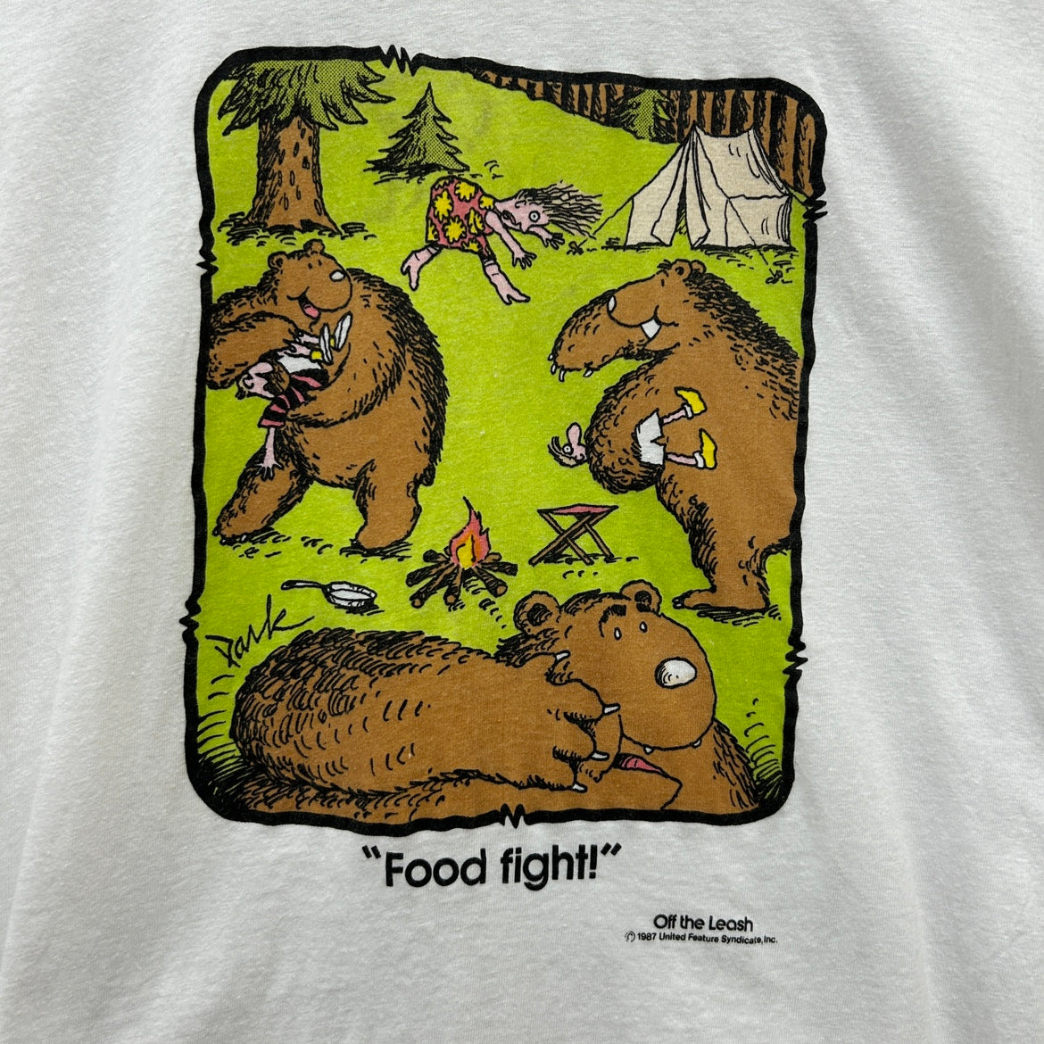 80s USA製 Stedman "Food fight!" ステッドマン フードファイト! Off the Leash 半袖 Tシャツ イラスト 古着 ビンテージ ホワイト L