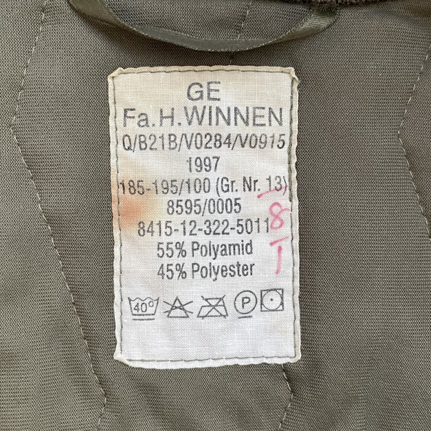 1997年製 ドイツ軍 キルティング ライナージャケット 防寒 中綿 ミリタリー 実物 軍モノ