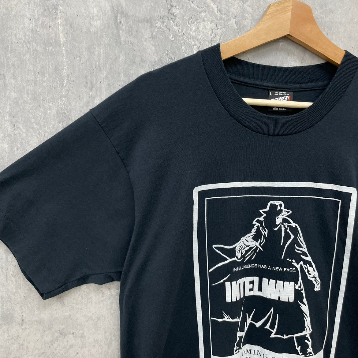 90s USA製 SCREEN STARS INTELMAN Tシャツ スクリーンスターズ インテルマン 半袖 デザイン 古着 ビンテージ ブラック L
