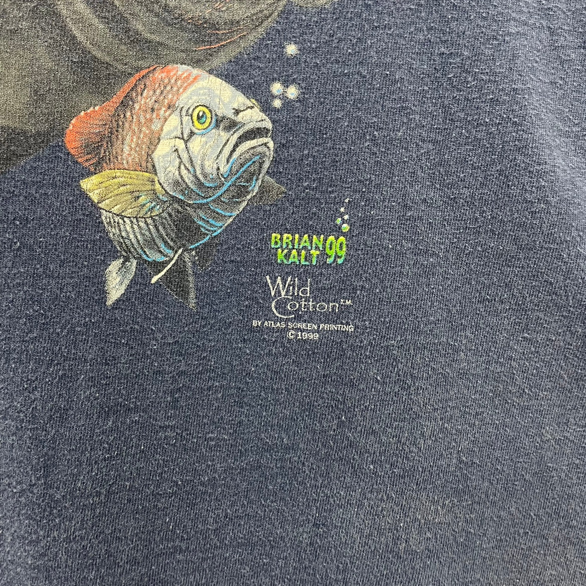 90s USA製 Wild Cotton BRIAN KALT 99 アートTシャツ マナティ 動物 アニマル 半袖 古着 ビンテージ ネイビー XL