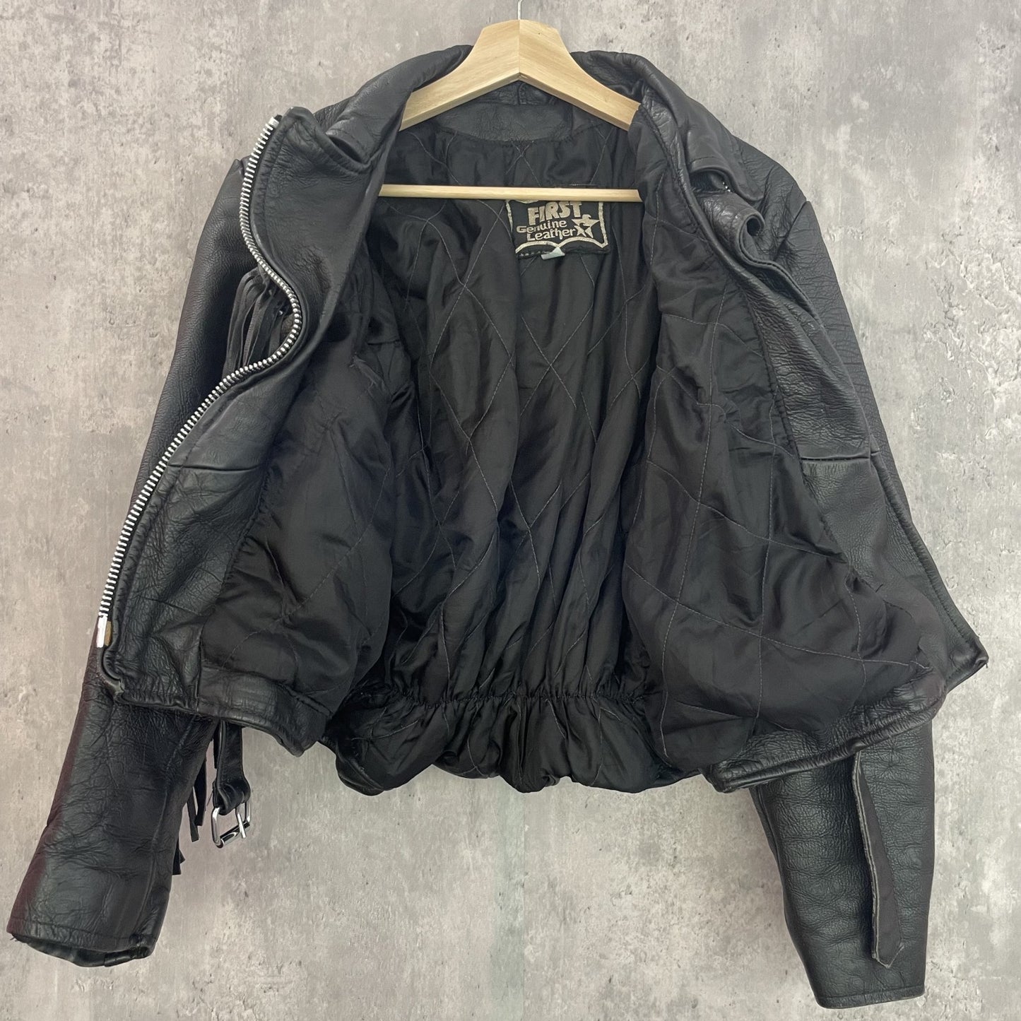 vintage 古着 ビンテージ FIRST STAR フリンジ付 レザー ライダースジャケット 牛革 YKK ライダース