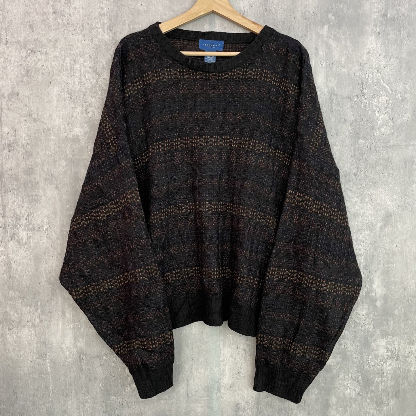 90s vintage 古着 ビンテージ タウンクラフト アクリルニット 総柄 ボーダー セーター 3Dニット TOWNCRAFT