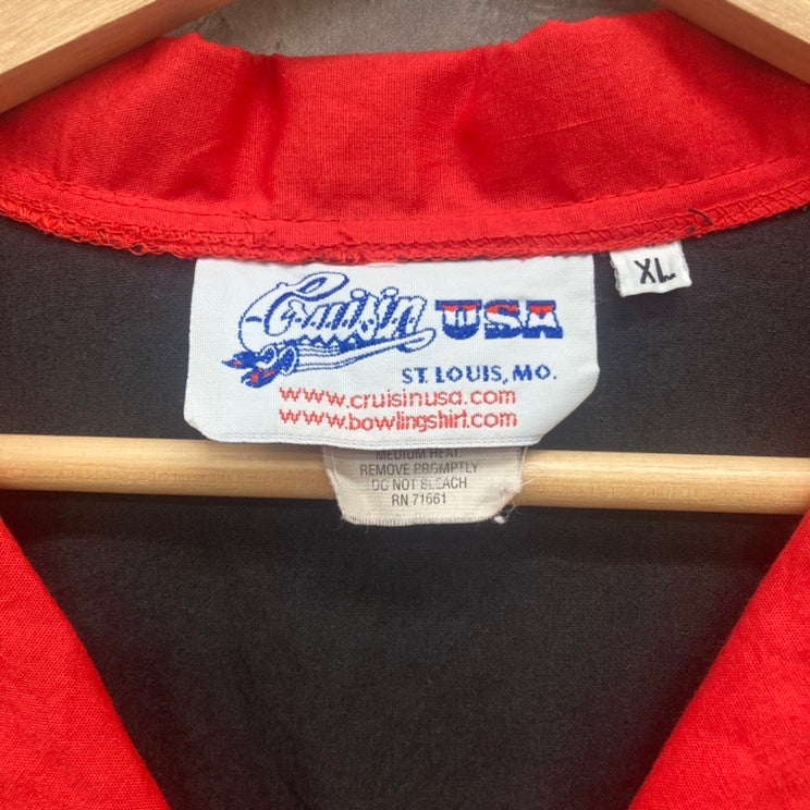 90s CRUSIN USA製 ボーリングシャツ 半袖 オープンカラー ワンポイント ロゴ シャツ 古着 ビンテージ ブラック×レッド XL