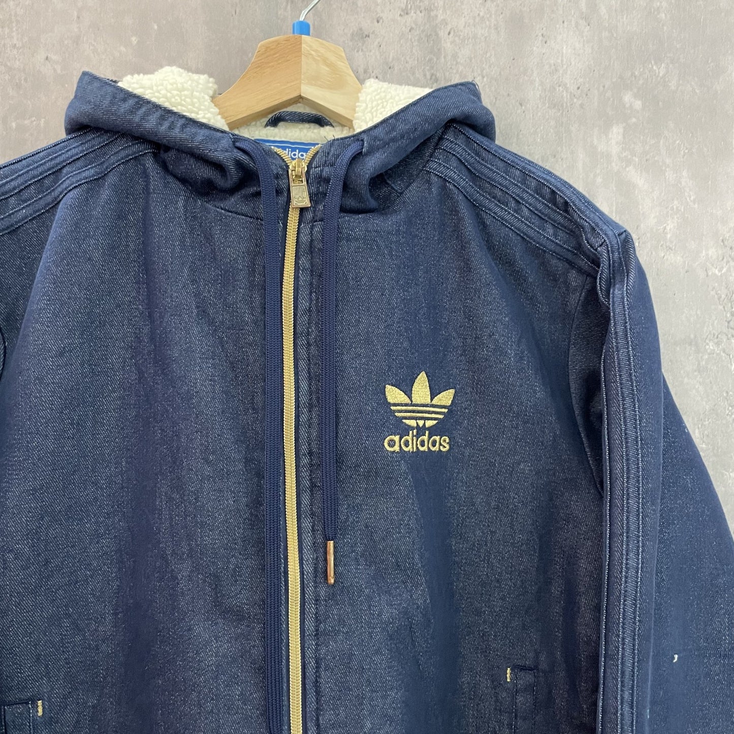 vintage 古着 ビンテージ Adidas アディダス デニムジャケット フード付 ロゴ刺繍 内側ボア トレフォイルロゴ フーディ