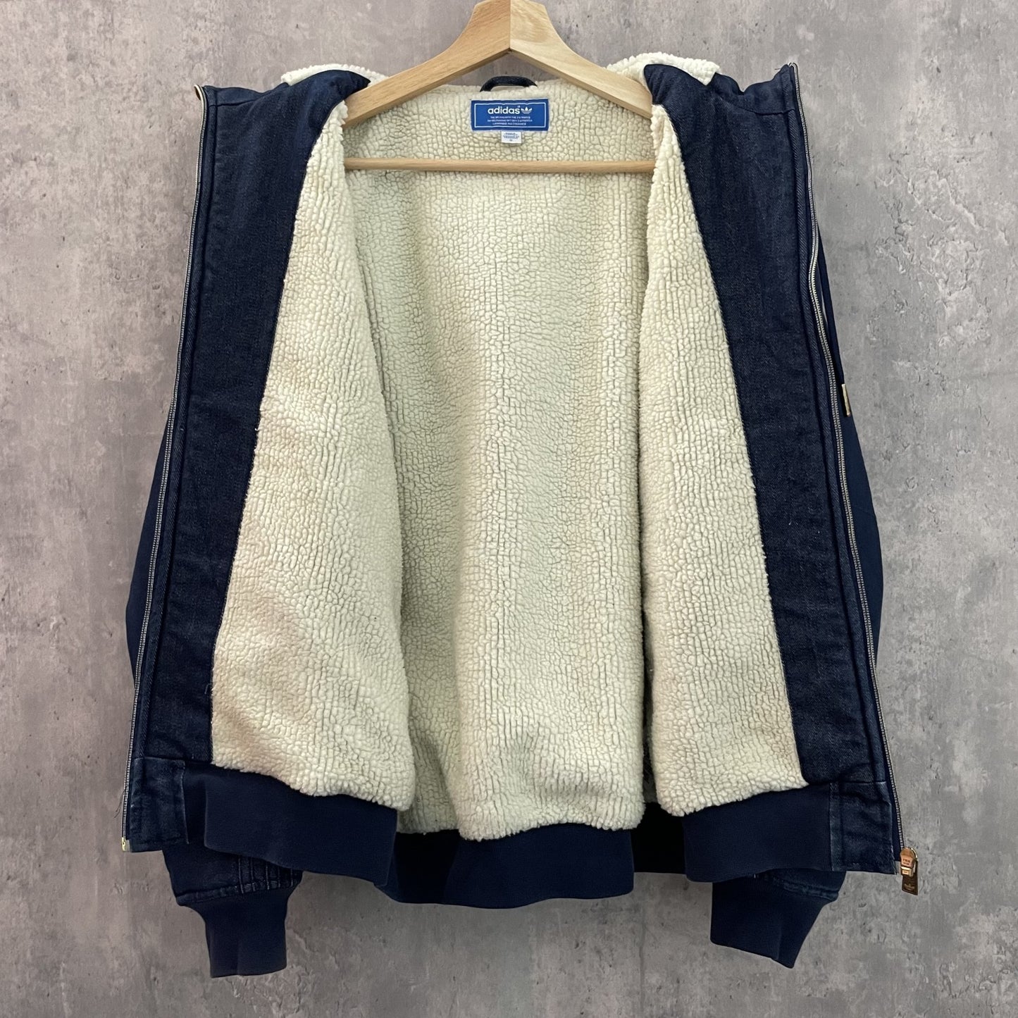vintage 古着 ビンテージ Adidas アディダス デニムジャケット フード付 ロゴ刺繍 内側ボア トレフォイルロゴ フーディ