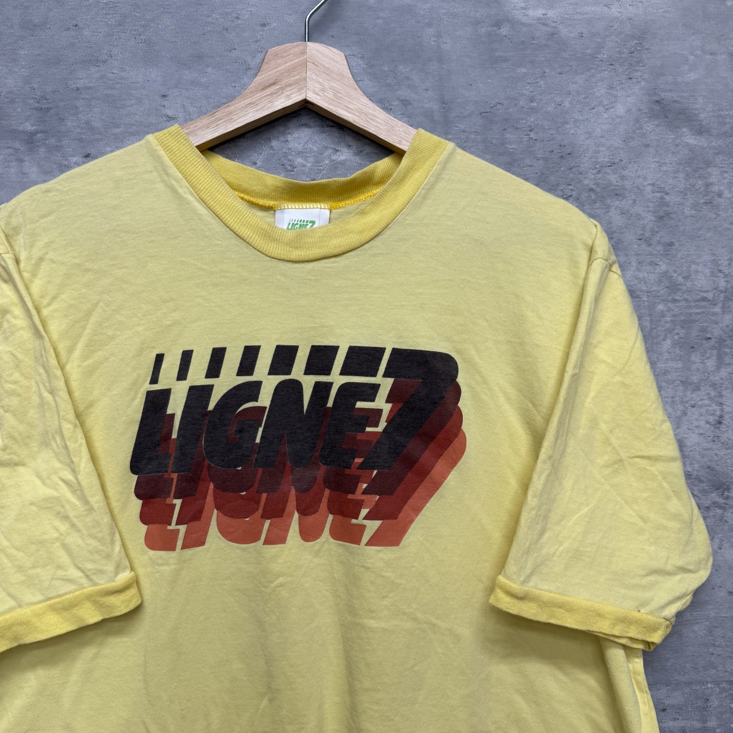 00s vintage 古着 ビンテージ Tシャツ LIGNE7 リンガー アメカジ カジュアル フロントロゴ イエロー
