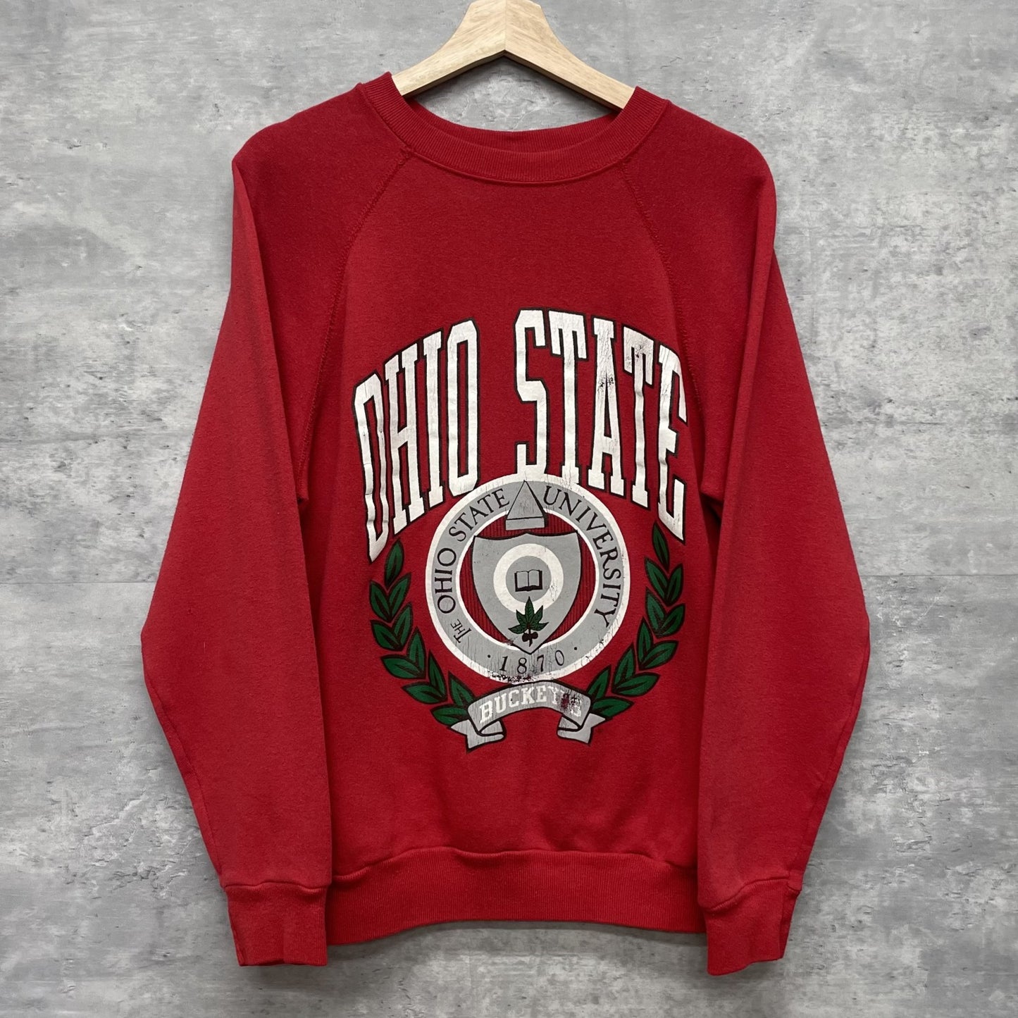 90s ビンテージ OHIOSTATE カレッジ スウェット トレーナー 赤 ラグラン vintage USA製 MENS 希少 秋 冬 古着 XLサイズ
