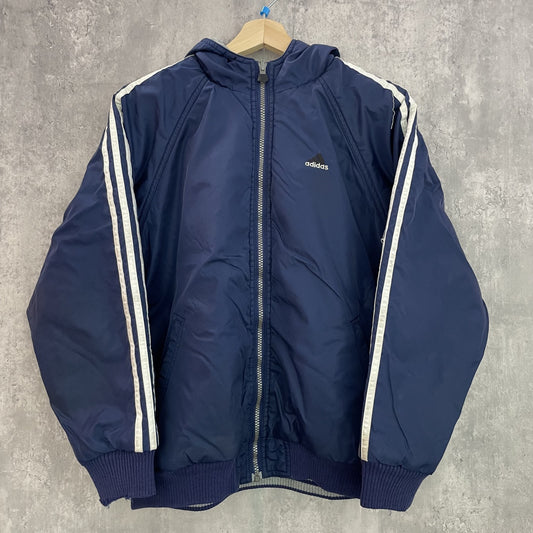 vintage 古着　ビンテージ　アディダス　Adidas ナイロンジャケット　リバーシブル　刺繍ロゴ　ストリート　ラグランスリーブ　ネイビー　フリース