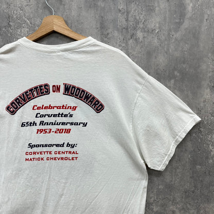 GILDAN CORVETTS on WOODWARD Tシャツ シボレー コルベット ギルダン 車 半袖 両面プリント 古着 ビンテージ ホワイト XL