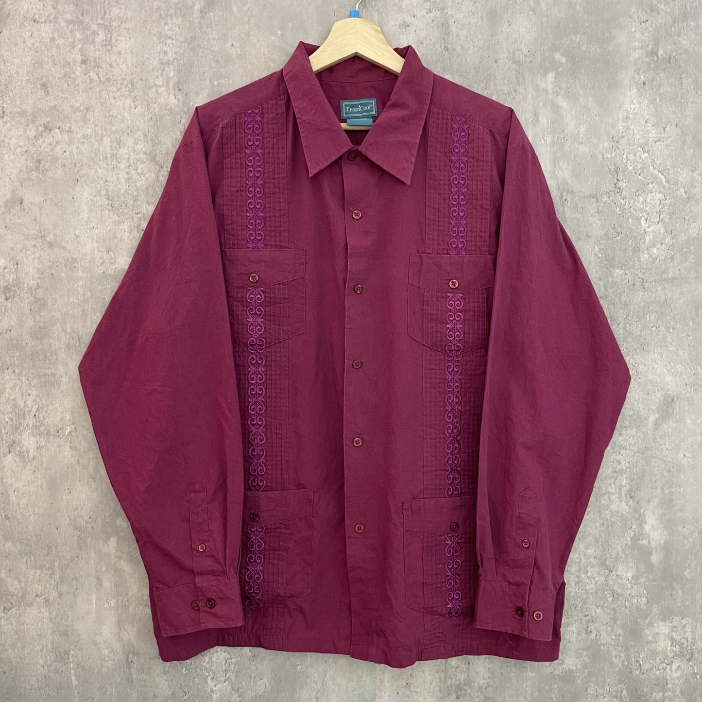 90s vintage 古着　ビンテージ　長袖シャツ　キューバシャツ　刺繍ポケット　Tropi Cool トロピクール