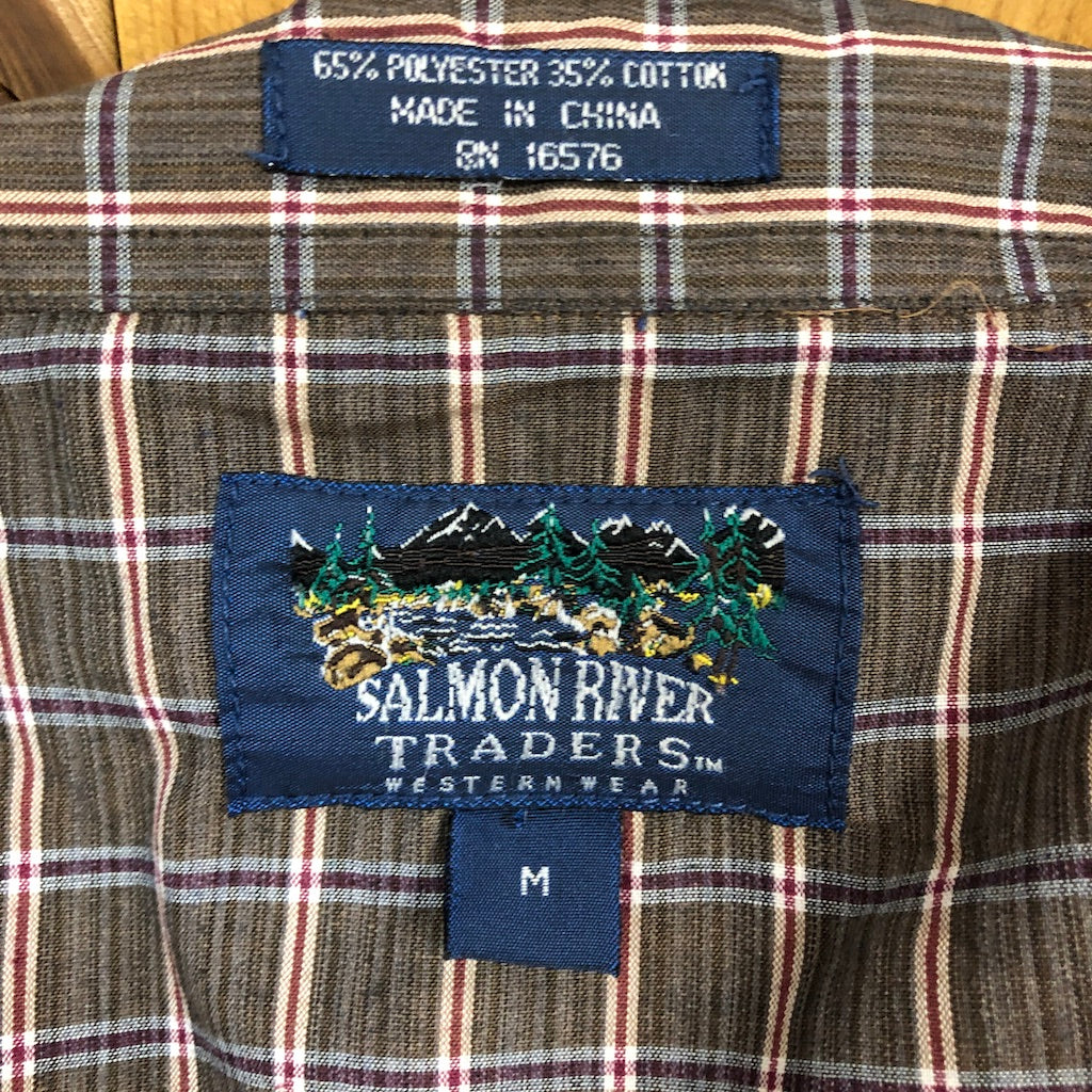SALMON RIVER TRADERS 長袖シャツ ウエスタンシャツ チェック柄 オープンカラー ブラウン、ホワイト、レッド
