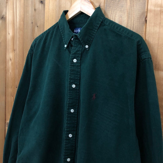 90s vintage Ralph Lauren ラルフローレン BDシャツ 長袖シャツ ワンポイント刺繍 グリーン