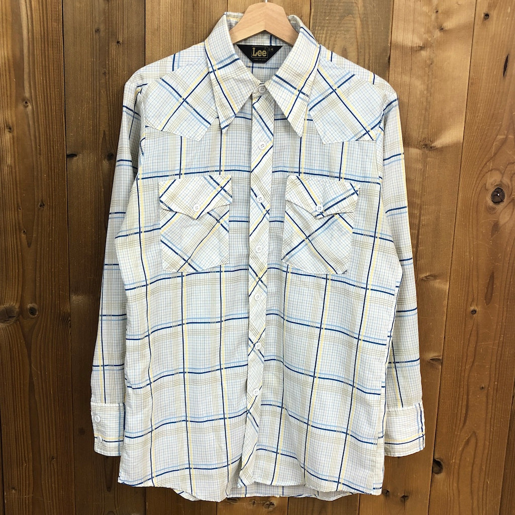 70s vintage USA製 Lee リー 長袖シャツ ウエスタンシャツ チェック ホワイト/ブルー/イエロー