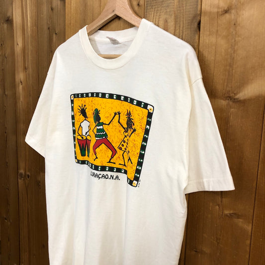90s vintage USA製 FRUITS OF THE LOOM フルーツオブザルーム CURACAO N.A. キュラソー プリントTシャツ 半袖 カットソー