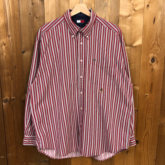TOMMY HILFIGER トミーヒルフィガー 長袖シャツ BDシャツ ボタンダウン ストライプ柄 ワンポイント刺繍 レッド、ホワイト、ネイビー