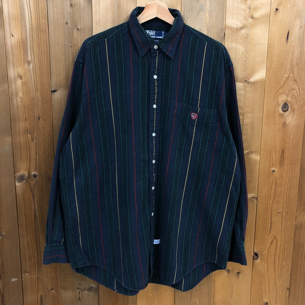 90s vintage Polo by Ralph Lauren ポロバイラルフローレン ボーダー 長袖シャツ BDシャツ ボタンダウン ネイビー/グリーン/レッド/イエロー