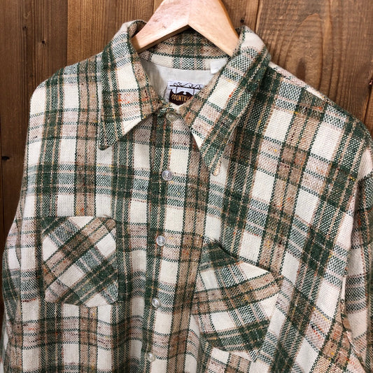 70s vintage USA製 COUNTRY Squire カントリー・スクワイア 長袖シャツ 衿芯 チェック ツイード グリーン・ブラウン