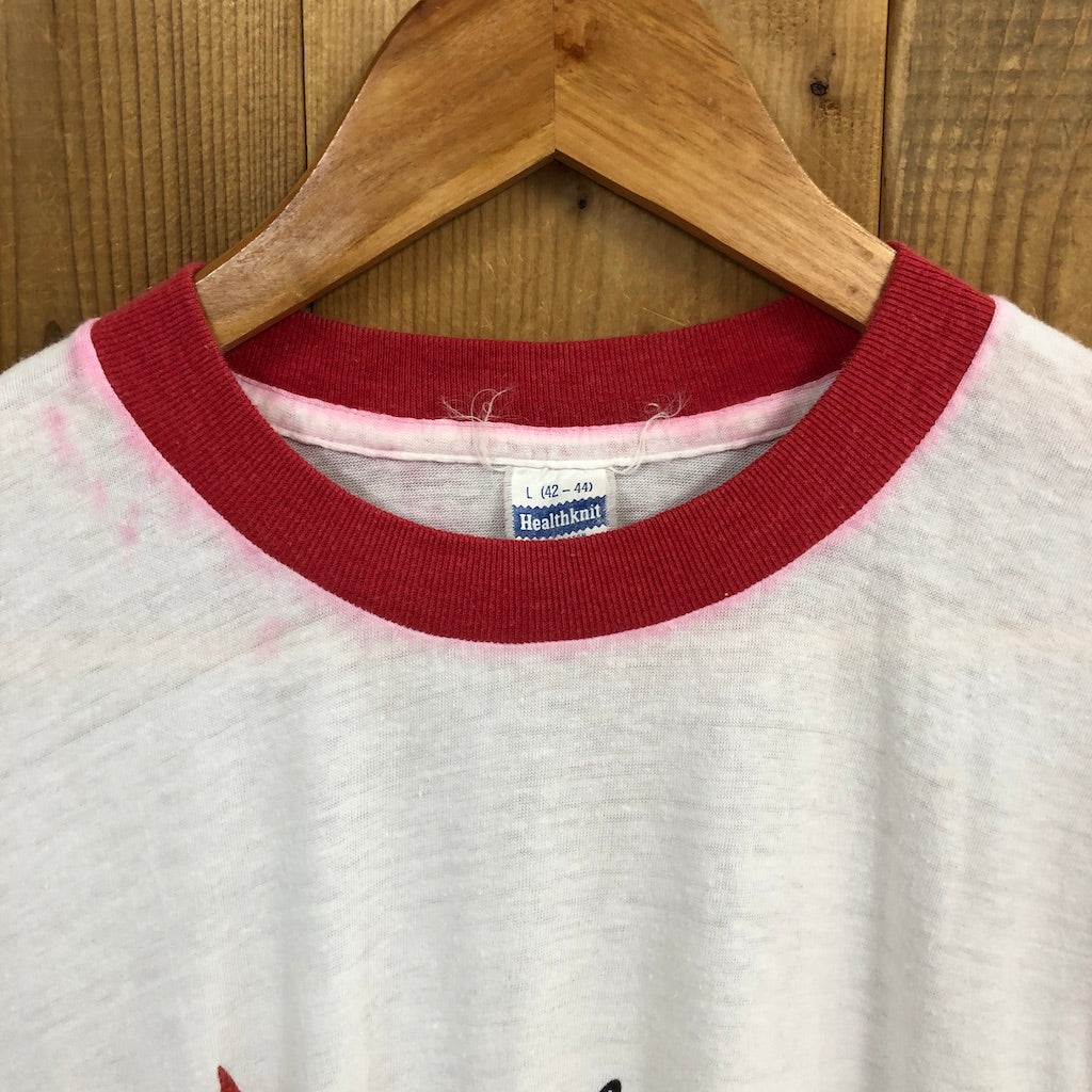USA製 80s vintage Healthknit ヘルスニット リンガーTシャツ 半袖 カットソー ビッグプリント