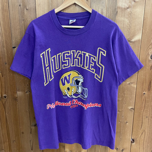 90s vintage USA製 FRUIT OF THE ROOM フルーツオブザルーム Washington Huskies football ワシントンハスキー プリントTシャツ フットボール 半袖
