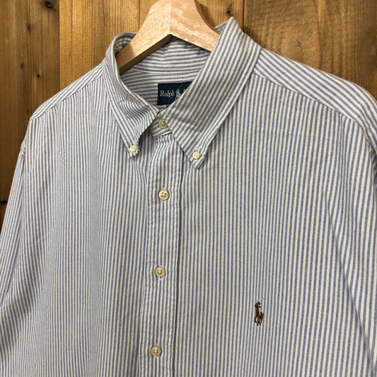 90s vintage Ralph Lauren ラルフローレン CLASSIC FIT 長袖シャツ BDシャツ ストライプ柄 ワンポイント刺繍 グレー、ホワイト