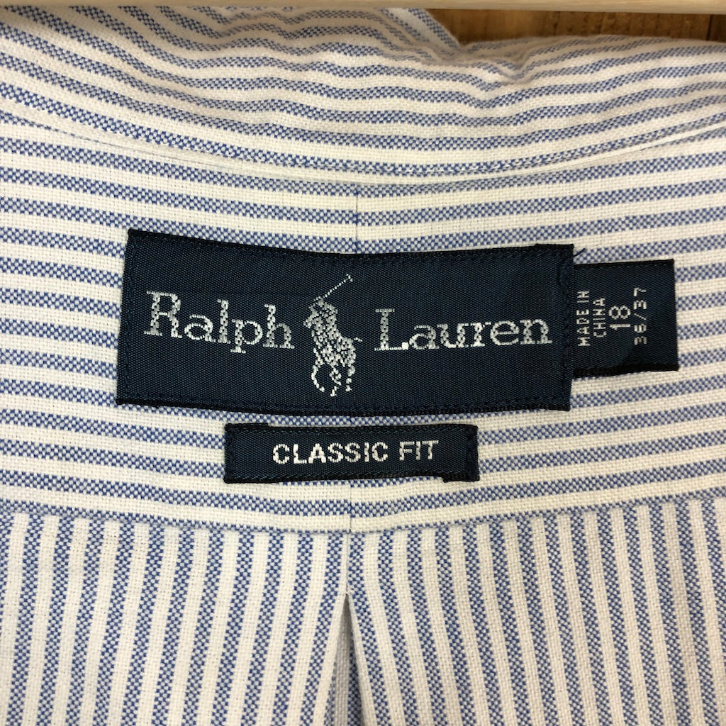90s vintage Ralph Lauren ラルフローレン CLASSIC FIT 長袖シャツ BDシャツ ストライプ柄 ワンポイント刺繍 グレー、ホワイト
