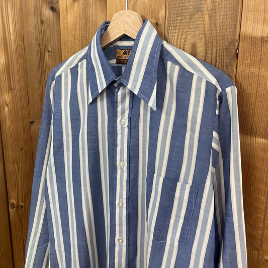 70s vintage VAN HEUSEN 417 ヴァン・ヒューゼン 長袖シャツ 衿芯 ストライプ柄 コットン 薄手 ブルー系 ストライプ柄