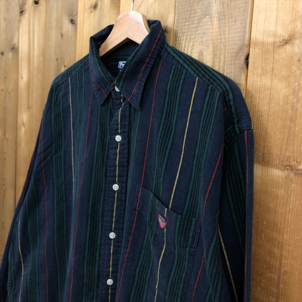 90s vintage Polo by Ralph Lauren ポロバイラルフローレン ボーダー 長袖シャツ BDシャツ ボタンダウン ネイビー/グリーン/レッド/イエロー
