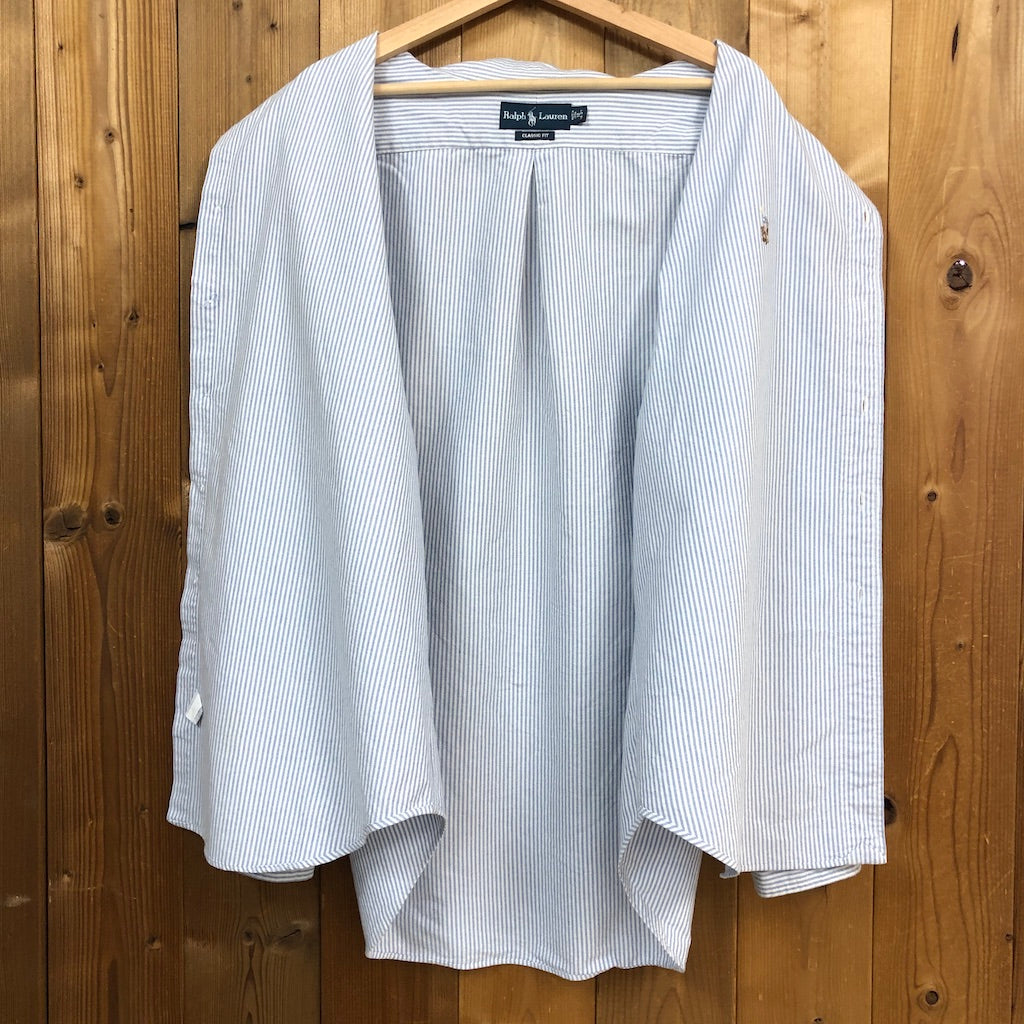 90s vintage Ralph Lauren ラルフローレン CLASSIC FIT 長袖シャツ BDシャツ ストライプ柄 ワンポイント刺繍 グレー、ホワイト