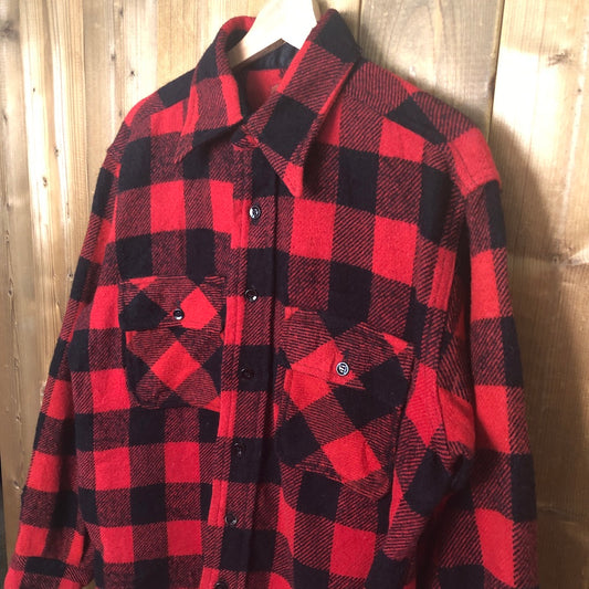 70s Sears Kings Road ウールシャツ チェック 長袖 ロングポイントカラー