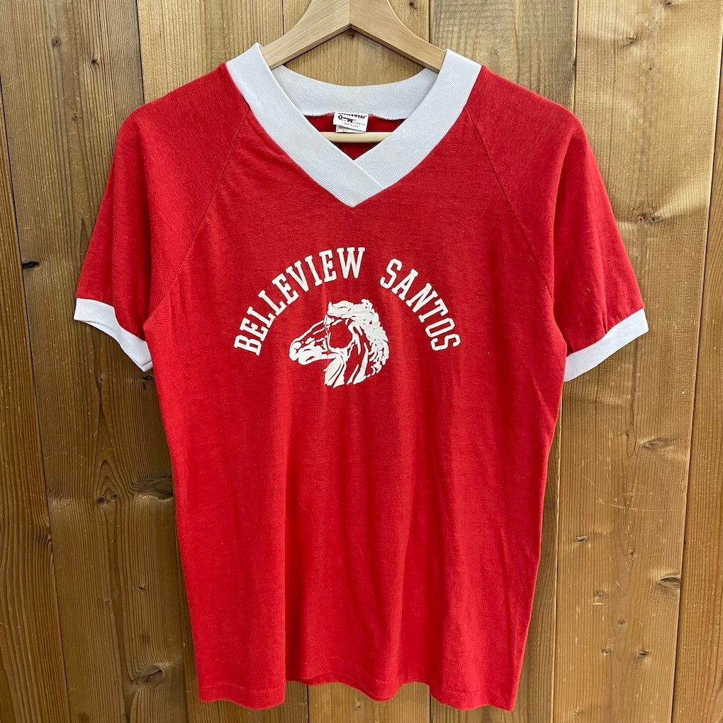 80s vintage USA製 Moore wear ムーアウェア リンガーTシャツ BELLEVIEW SANTOS ベルビューサントス 半袖 プリント