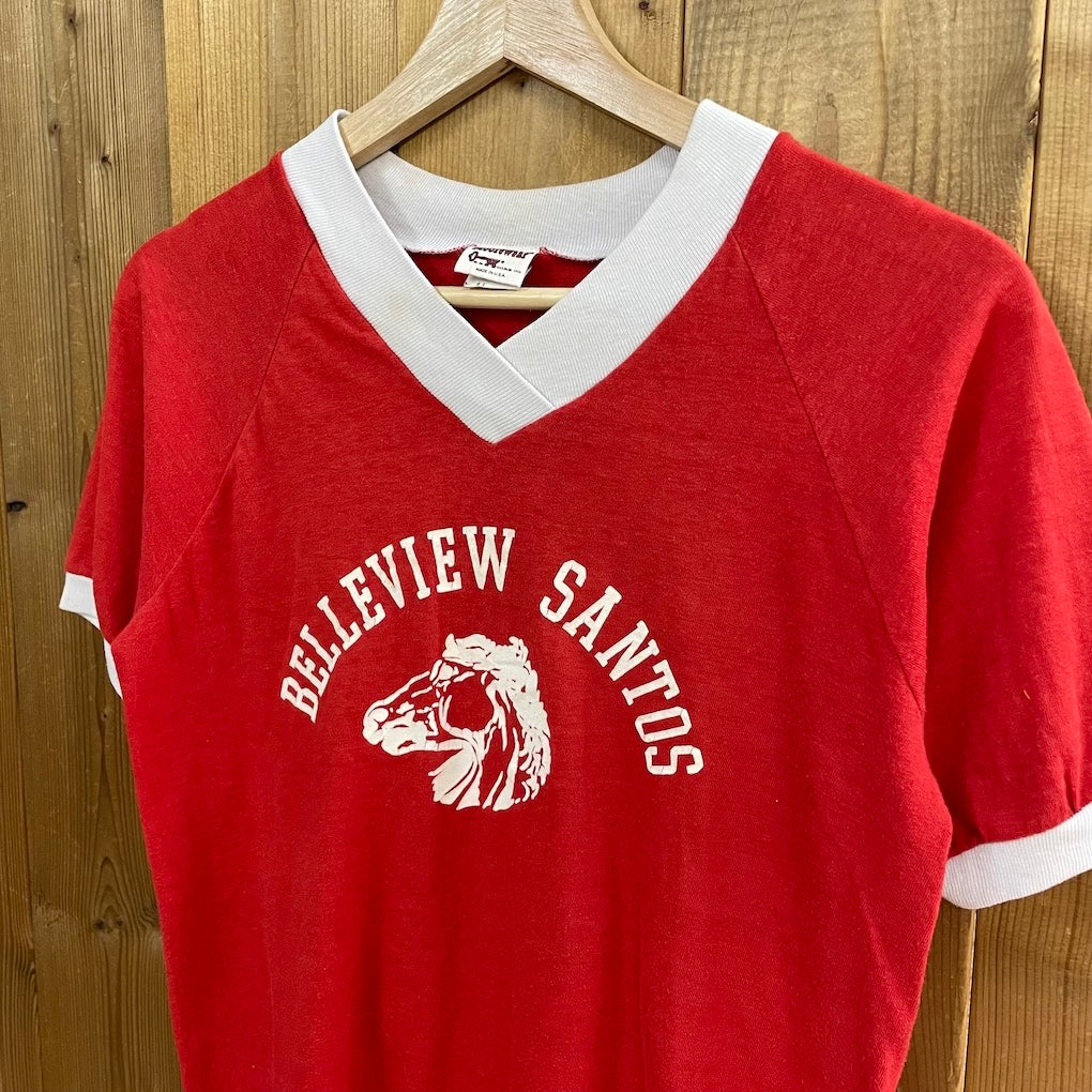 80s vintage USA製 Moore wear ムーアウェア リンガーTシャツ BELLEVIEW SANTOS ベルビューサントス 半袖 プリント