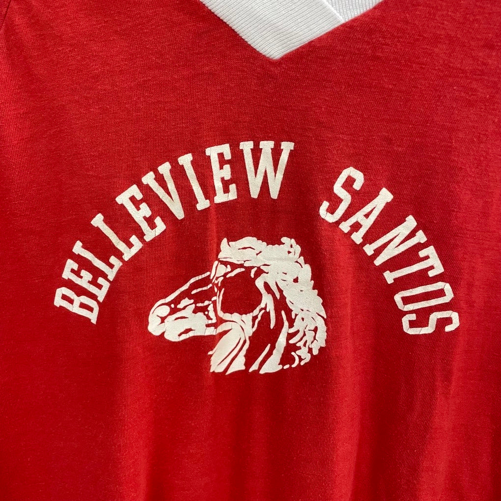 80s vintage USA製 Moore wear ムーアウェア リンガーTシャツ BELLEVIEW SANTOS ベルビューサントス 半袖 プリント