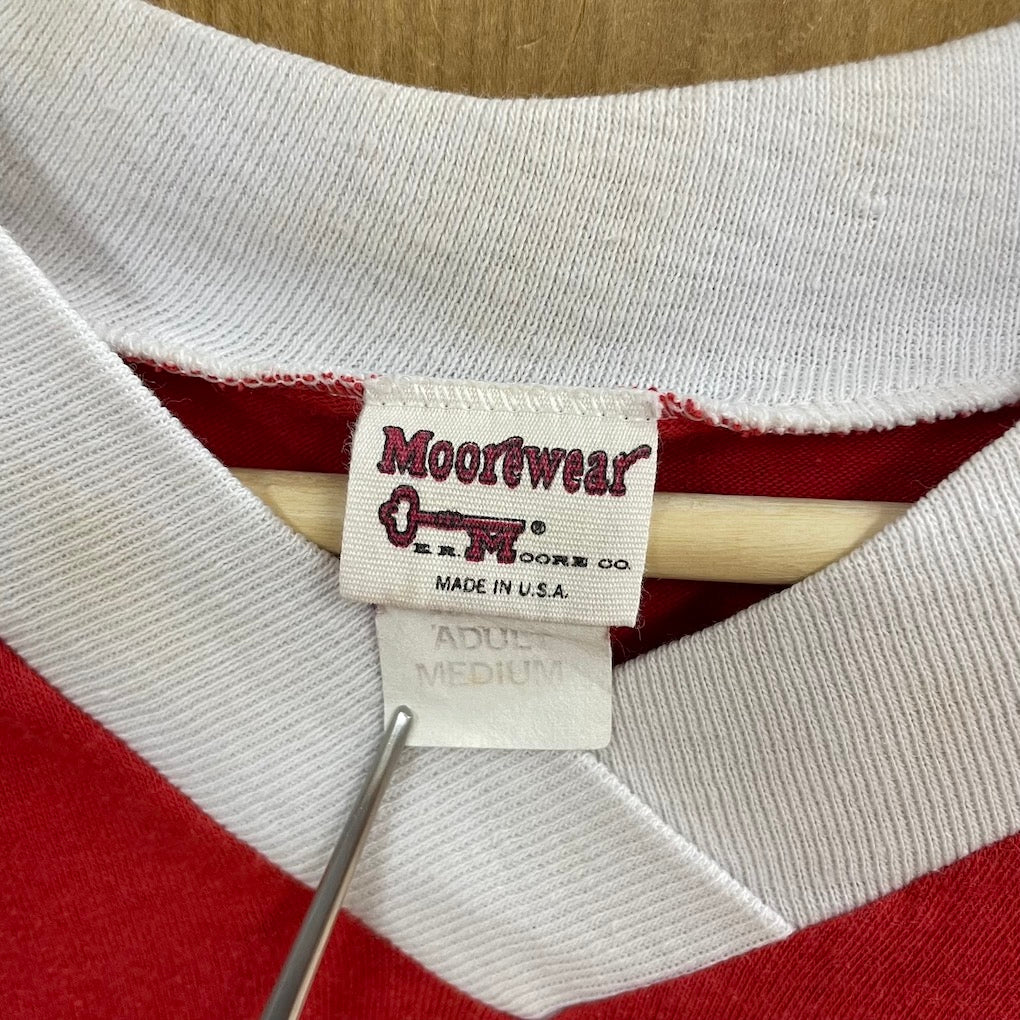 80s vintage USA製 Moore wear ムーアウェア リンガーTシャツ BELLEVIEW SANTOS ベルビューサントス 半袖 プリント