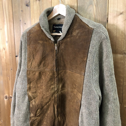 60s vintage TOWNCRAFT タウンクラフト ニットジャケット レザー切り替え ジップセーター 裏地ボア フルジップ ジップアップ