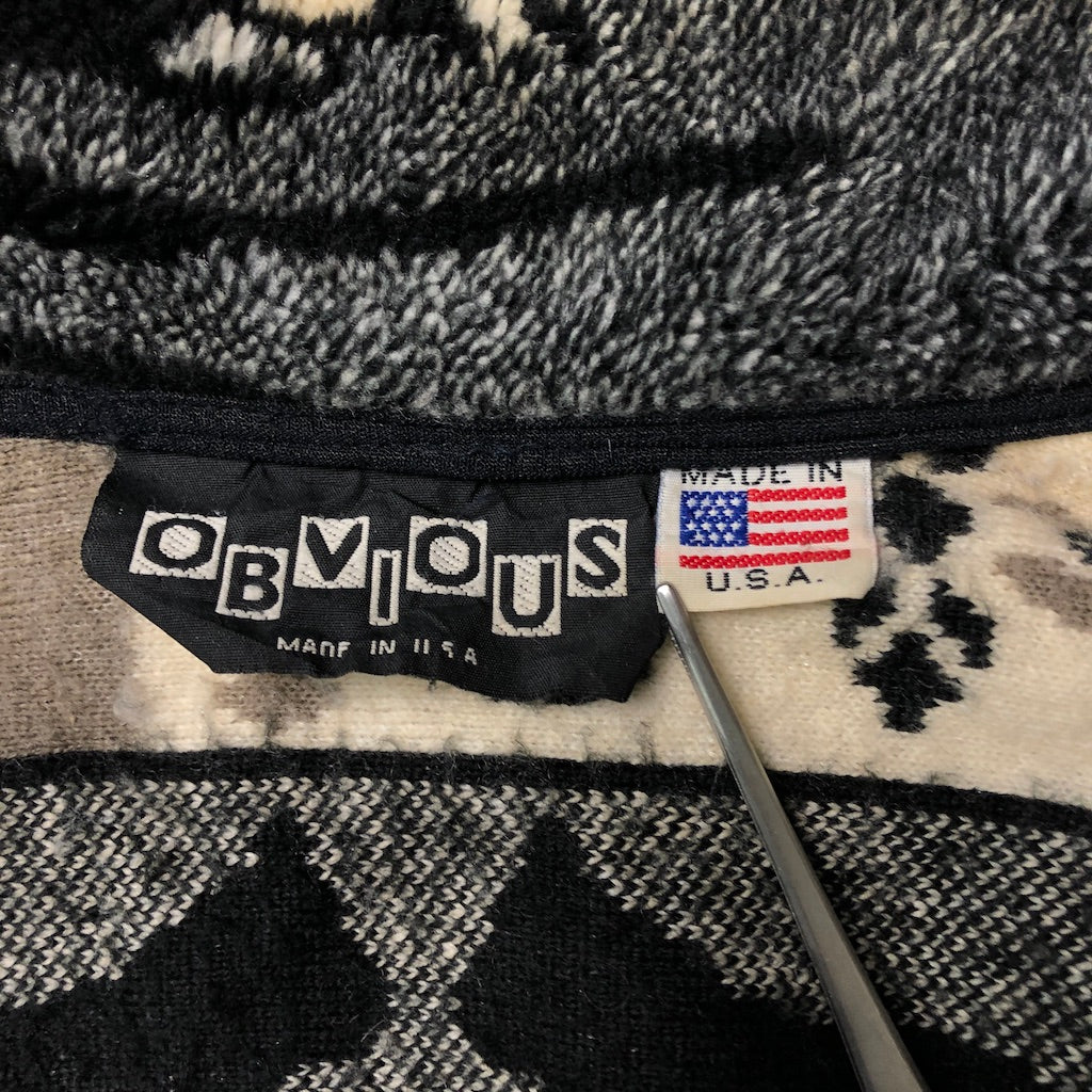 USA製 OBVIOUS オビオス フリースジャケット ボアジャケット アニマル柄 ネコ 総柄 ジップアップ フルジップ