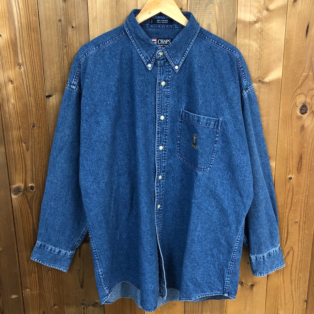 90s vintage CHAPS RALPH LAUREN チャップス ラルフローレン デニムシャツ 長袖シャツ BDシャツ ボタンダウン 刺繍 ブルー