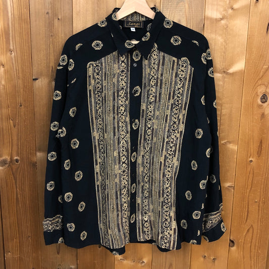 Sangi サンギ 長袖シャツ 柄シャツ 総柄 ブラック、ゴールド
