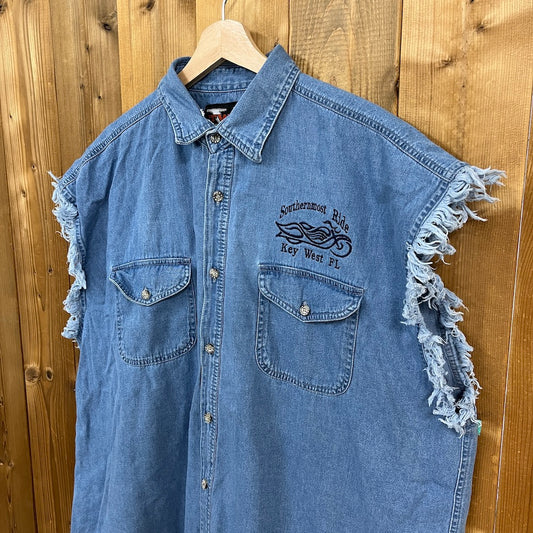 TWIN mortorcycle apparel Ride it like you stole it デニムシャツ カットオフ デニム ベスト ノースリーブ バイク ブルー 青 古着
