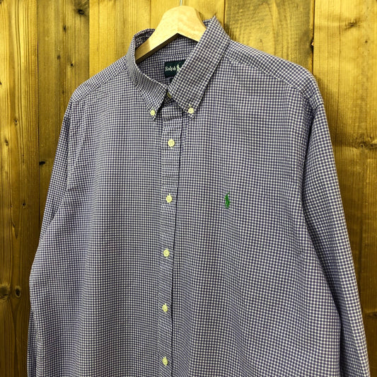 90s vintage Ralph Lauren ラルフローレン CLASSIC FIT 長袖シャツ BDシャツ ボタンダウン ギンガムチェック ワンポイント刺繍 パープル、ホワイト