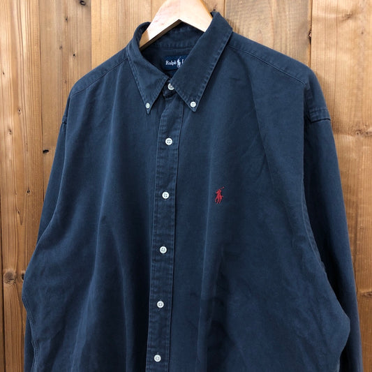 90s vintage Ralph Lauren ラルフローレン BDシャツ ボタンダウン 長袖シャツ ワンポイント刺繍 ネイビー