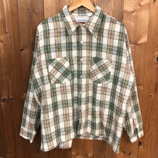 70s vintage USA製 COUNTRY Squire カントリー・スクワイア 長袖シャツ 衿芯 チェック ツイード グリーン・ブラウン