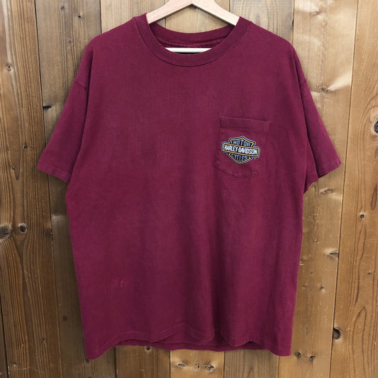 90s vintage USA製 HARLEY-DAVIDSON ハーレーダビッドソン HANES ヘインズ プリントTシャツ 半袖 カットソー ワインレッド