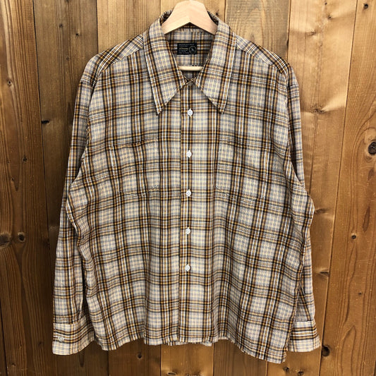 70s vintage JCPenny ジェイシーペニー 長袖シャツ チェック 衿芯 ポリエステル 韓国 ブラウン