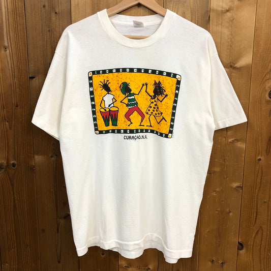 90s vintage USA製 FRUITS OF THE LOOM フルーツオブザルーム CURACAO N.A. キュラソー プリントTシャツ 半袖 カットソー
