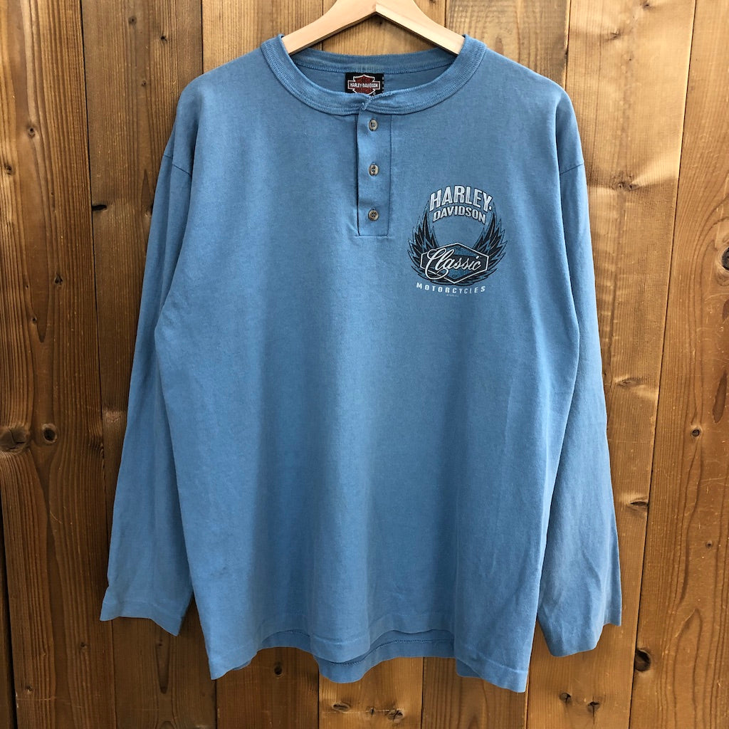 90s vintage USA製 HARLEY-DAVIDSON ハーレーダビッドソン ヘンリーネック ロングTシャツ ロンT 長袖 ウィング Las Vegas ラスベガス