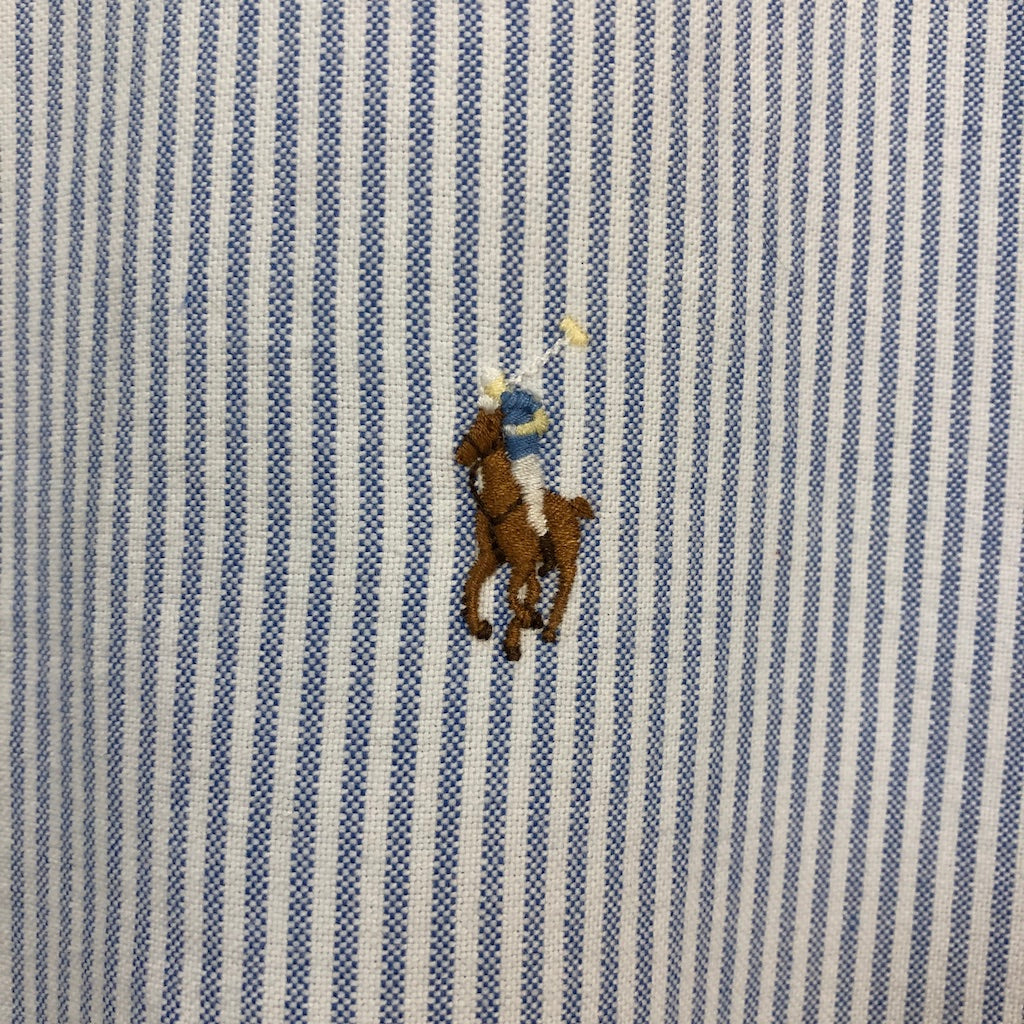 90s vintage Ralph Lauren ラルフローレン CLASSIC FIT 長袖シャツ BDシャツ ストライプ柄 ワンポイント刺繍 グレー、ホワイト