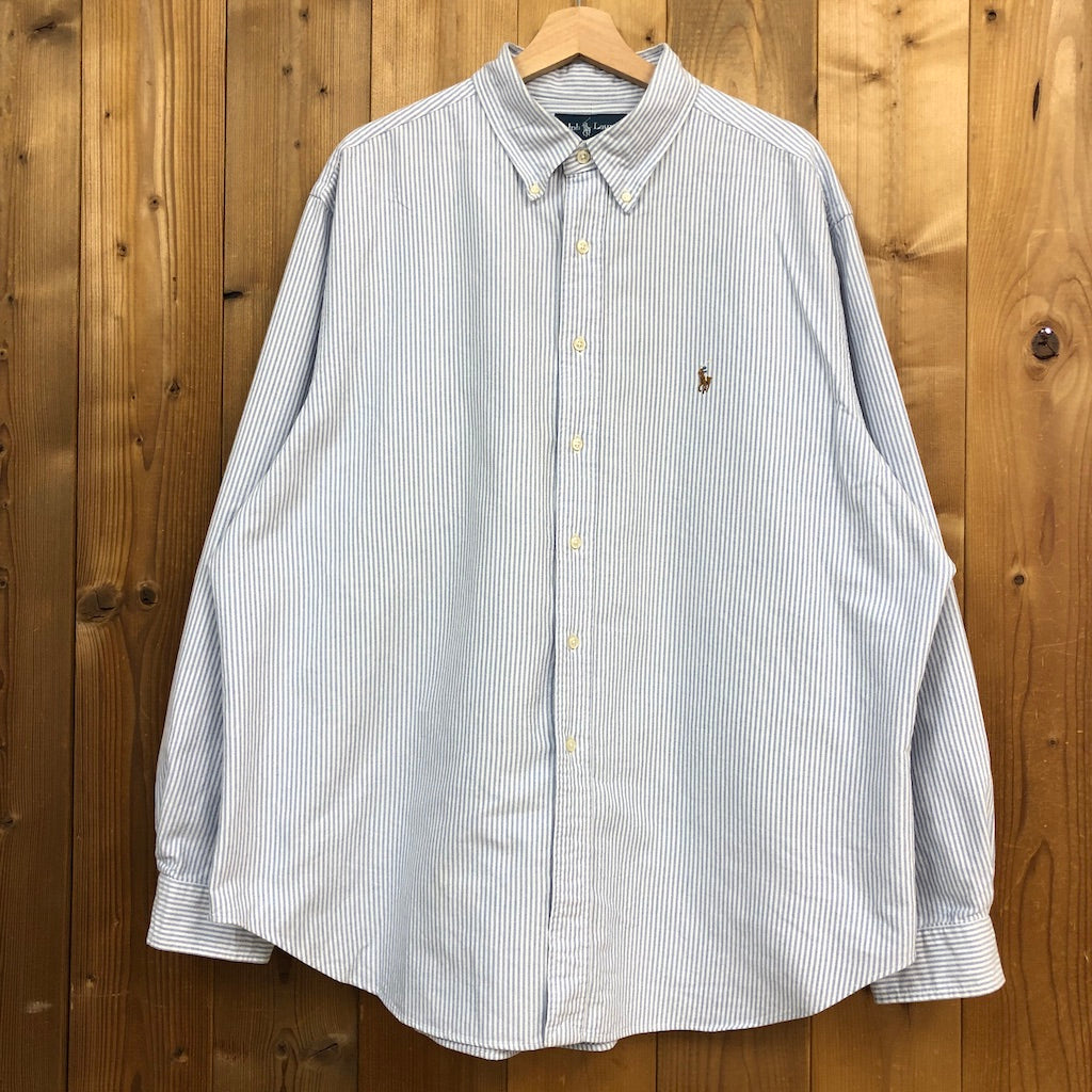 90s vintage Ralph Lauren ラルフローレン CLASSIC FIT 長袖シャツ BDシャツ ストライプ柄 ワンポイント刺繍 グレー、ホワイト