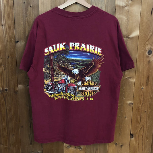 90s vintage USA製 HARLEY-DAVIDSON ハーレーダビッドソン HANES ヘインズ プリントTシャツ 半袖 カットソー ワインレッド